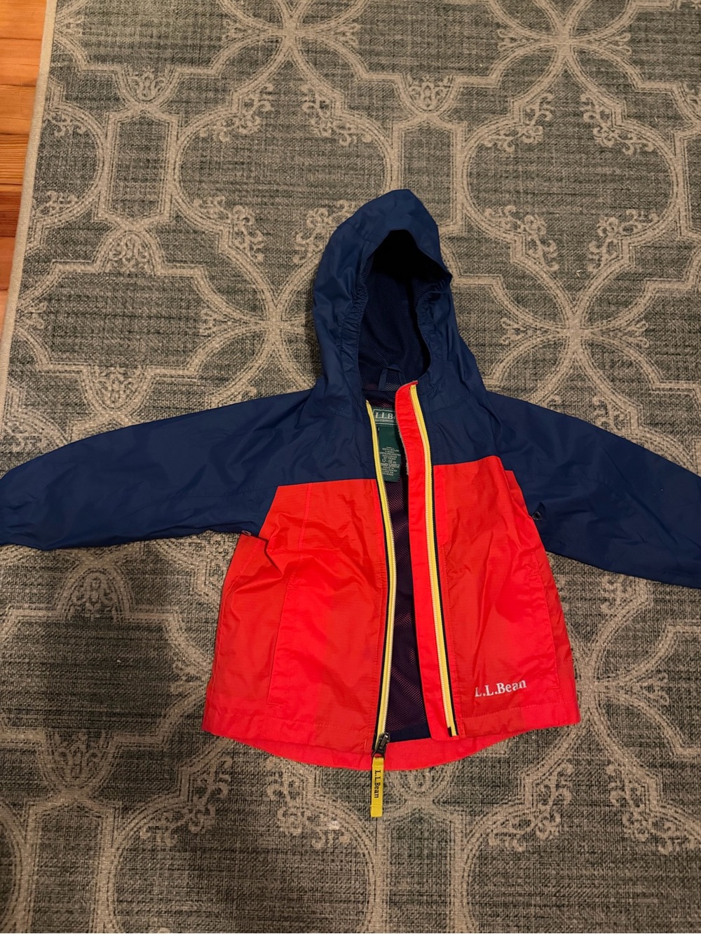 L.L. Bean Kids' Hooded Colorblock Raincoat in Red and Navy with Yellow Trim